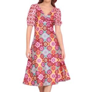 DONNA MORGAN Retro Floral Puff Sleeve Empire Waist V-Neck Midi Dress Whimsical 2